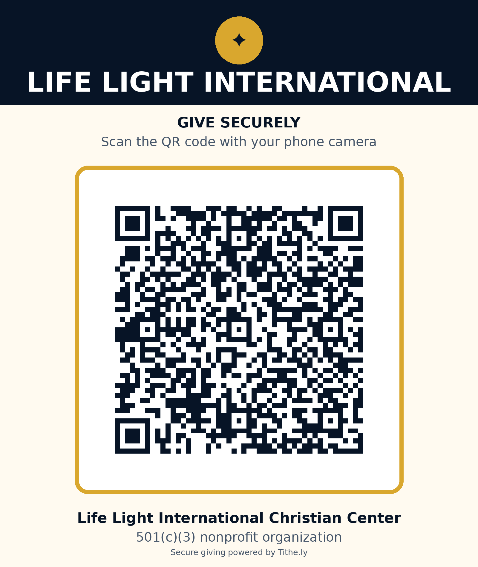 QR code for the Life Light International secure Tithely giving form